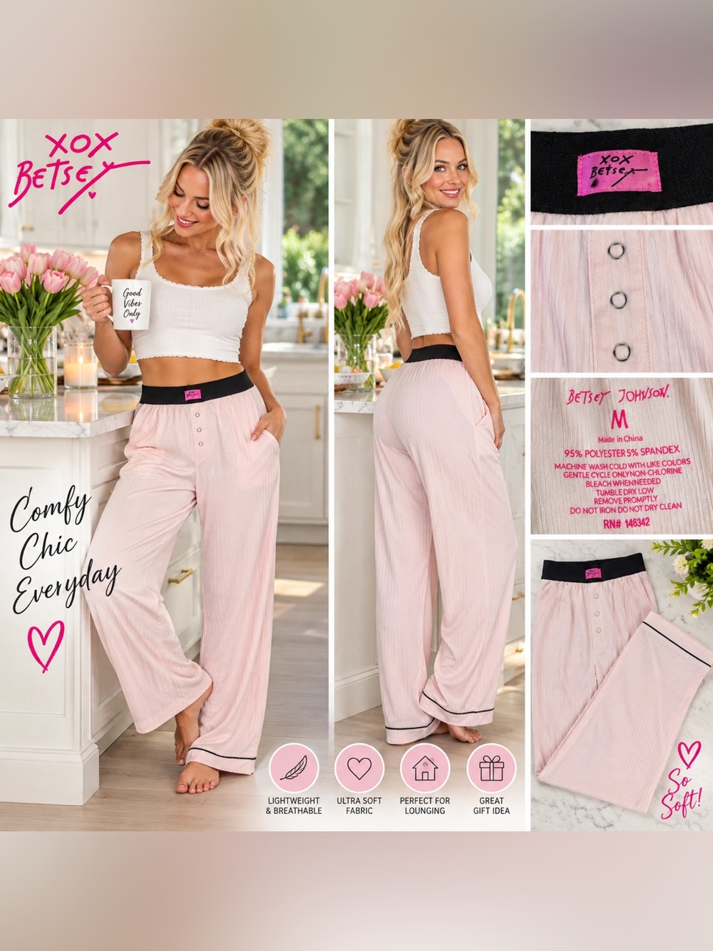 Betsey Johnson XoX Light Pink Ribbed Lounge Pajama Pants with Black Waistband
